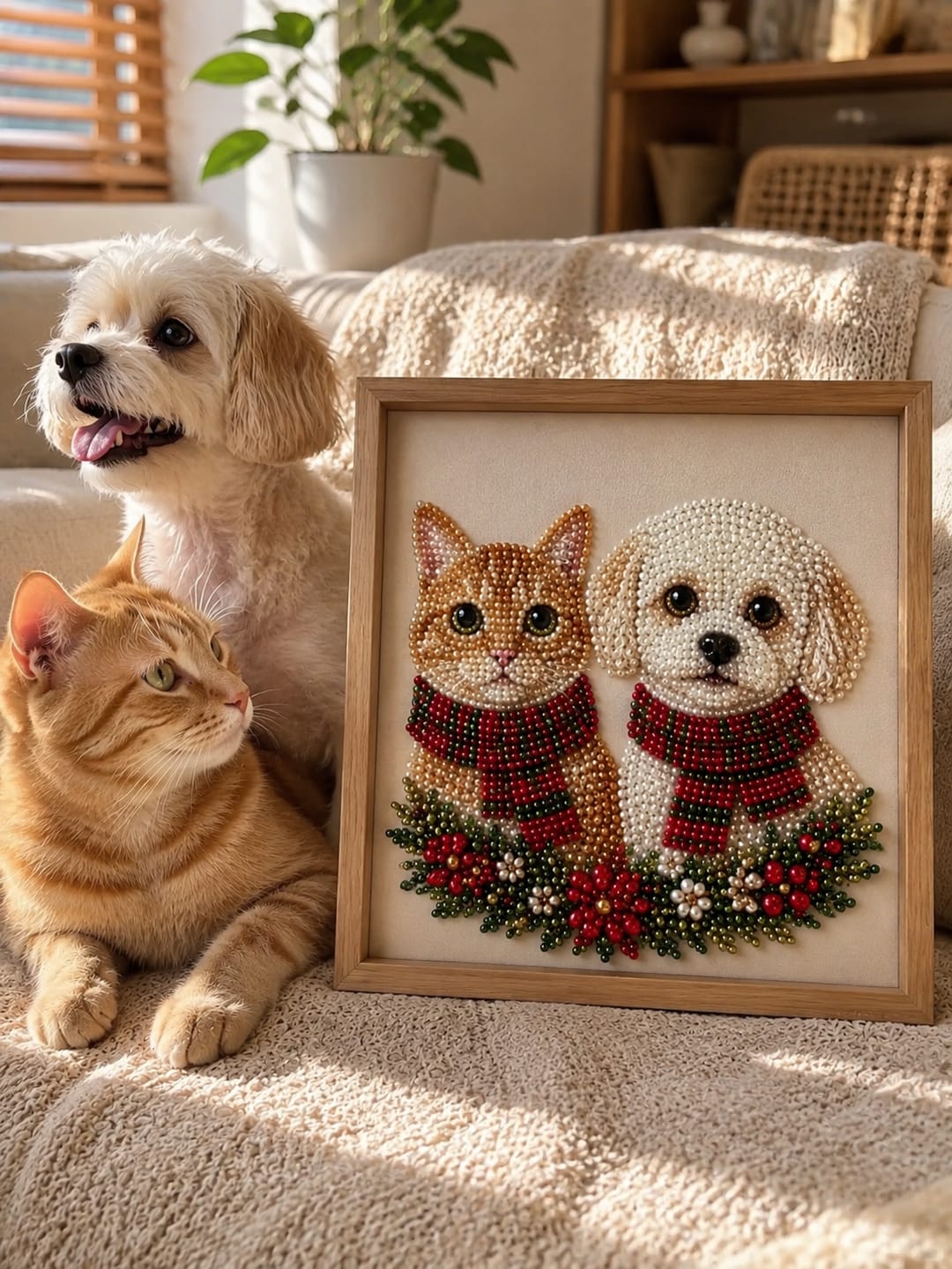 Customer photo review of Personalized 3D Pearl Art DIY Kit – Custom Pet Christmas Portrait with Festive Scarf, Handmade Holiday Wall Decor Gift for Pet Lovers