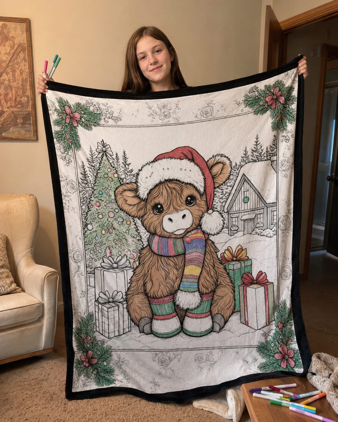 Customer photo review of DIY Drawing Blanket with 24 Colors Markers, Doodle Your Own Blankets, Customizable Washable Paint & Play Blankets for Adults