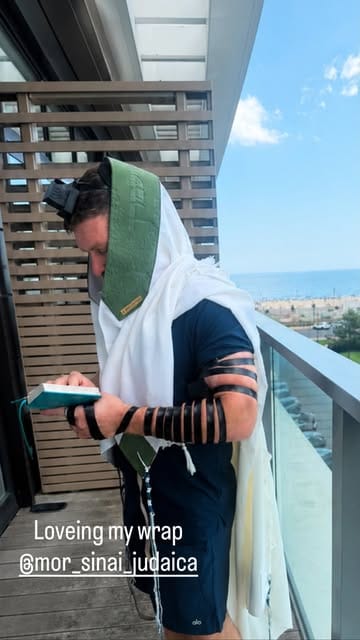 Customer photo review of Wool Tallit & Leather Atara Set – White & Green