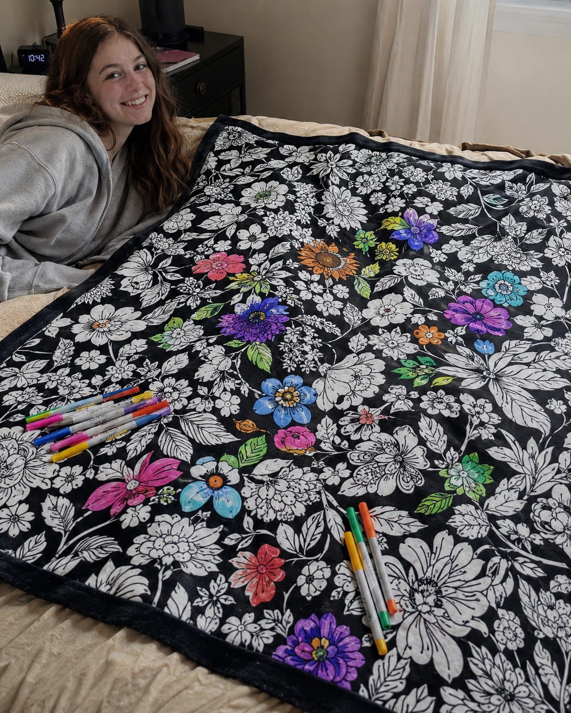 Customer photo review of DIY Drawing Blanket with 24 Colors Markers, Doodle Your Own Blankets, Customizable Washable Paint & Play Blankets for Adults