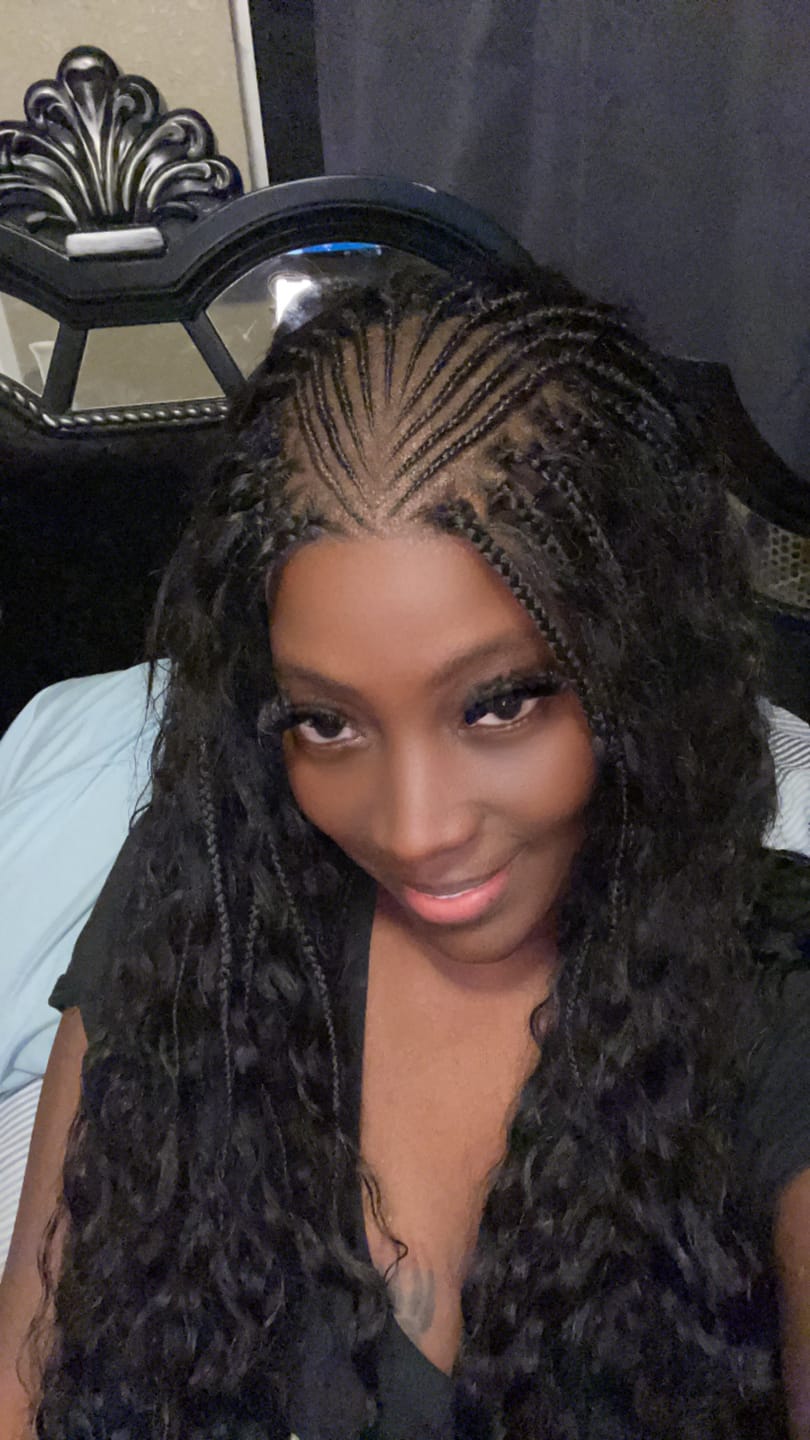 Customer photo review of Avery - Fulani 2 Steps Pre Bleached Full lace Cornrow Human Hair Curls Boho Box Braided Wig