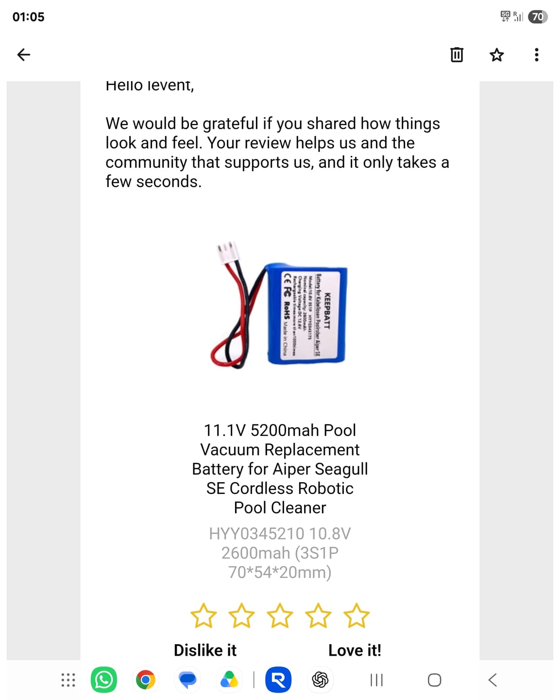 Customer photo review of 11.1V 5200mah Pool Vacuum Replacement Battery for Aiper Seagull SE Cordless Robotic Pool Cleaner