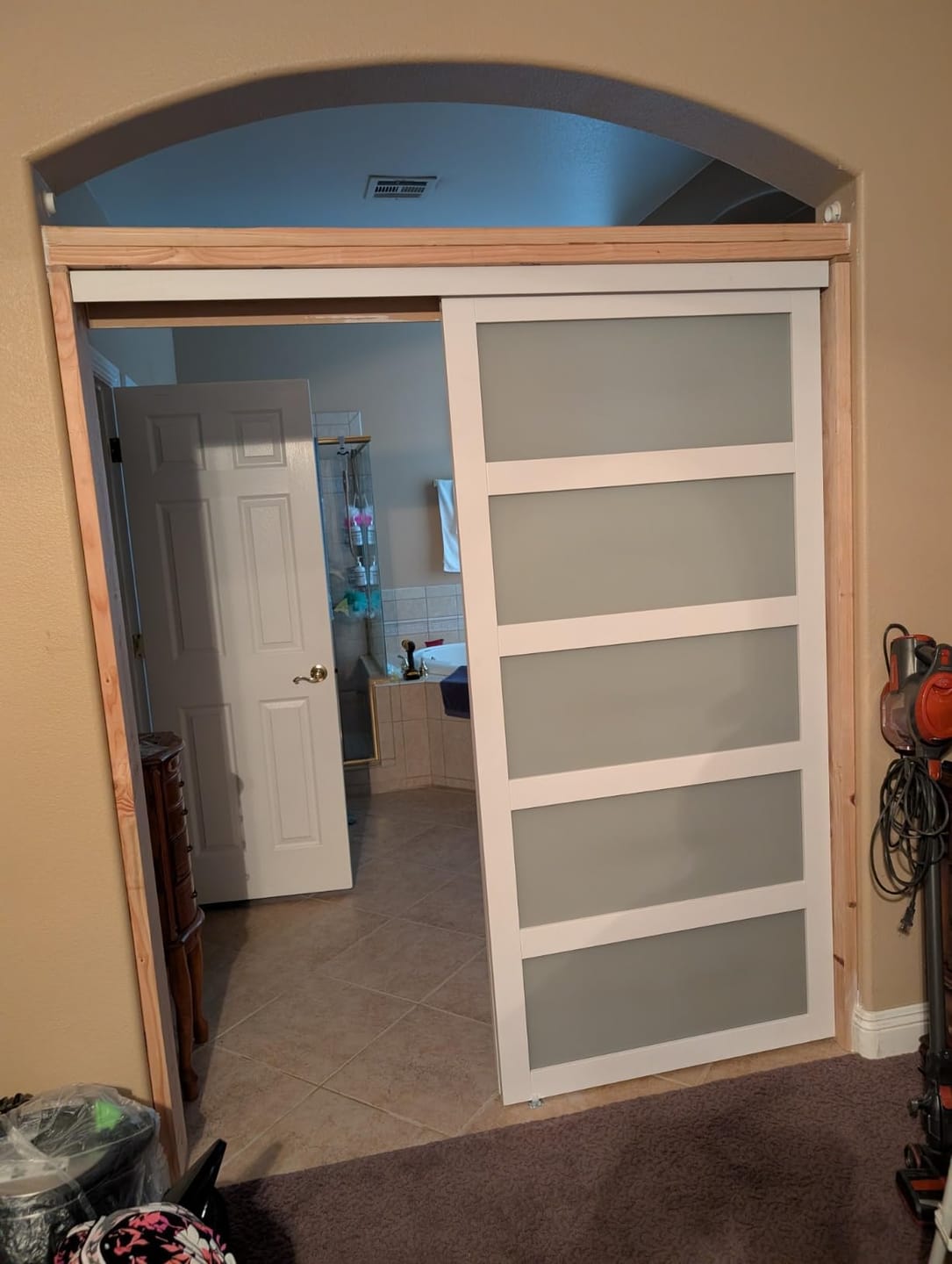Customer photo review of TENONER White MDF 5-Lite Frosted Glass Single/Double Sliding Closet Door for Bedroom, Closet, and Living room - Easy Assembly