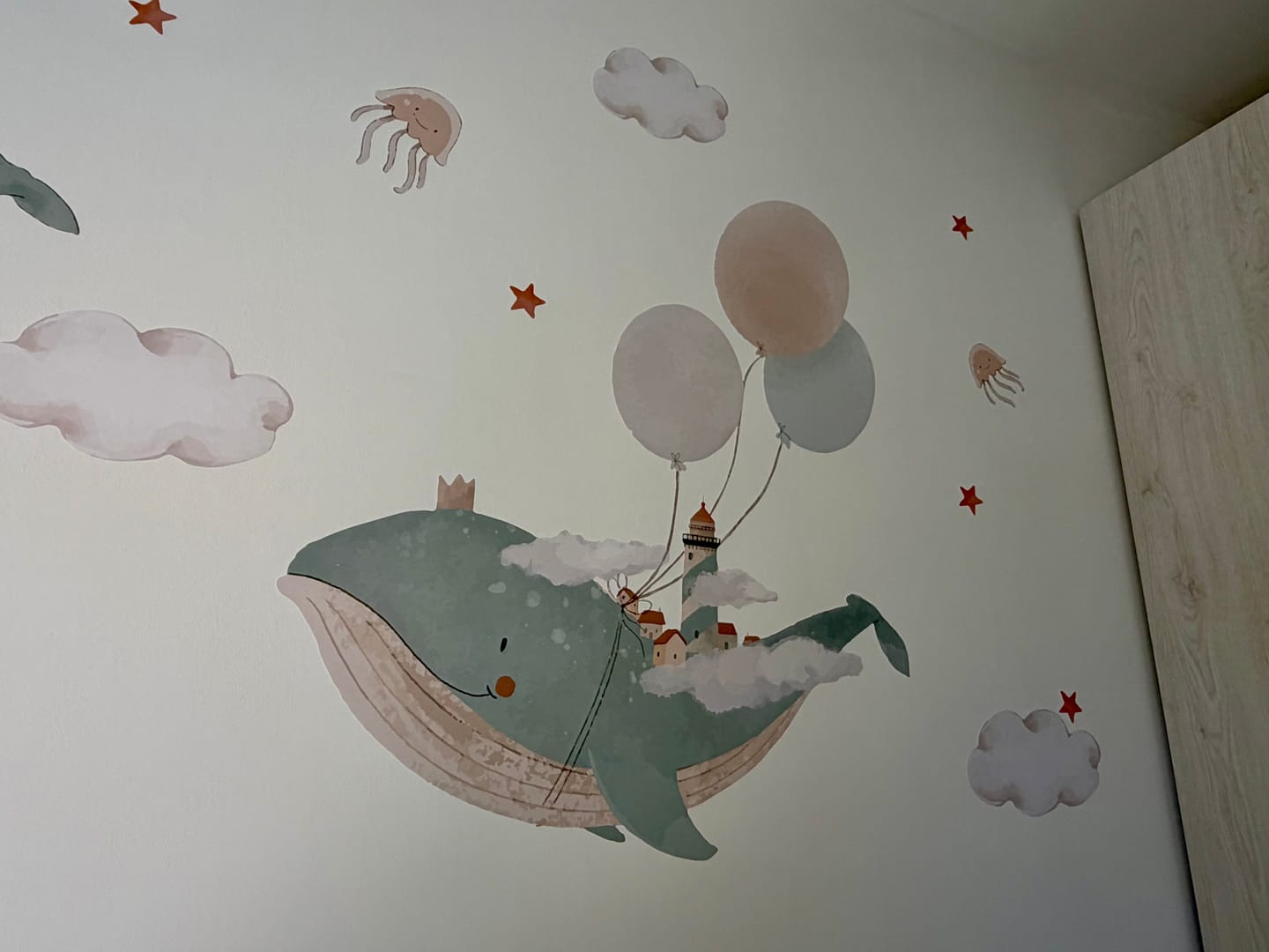 Customer photo review of Flying Whales — Watercolor Nursery Wall Decal