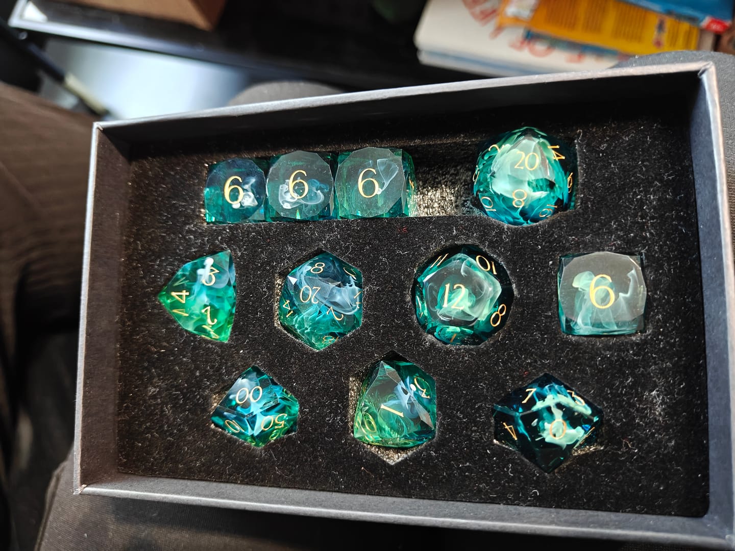 Customer photo review of URWizards D&D Resin Tidebound Fate Engraved Dice Set Multi-faceted Style