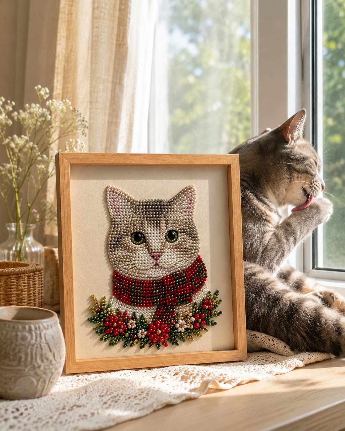 Customer photo review of Personalized 3D Pearl Art DIY Kit – Custom Pet Christmas Portrait with Festive Scarf, Handmade Holiday Wall Decor Gift for Pet Lovers