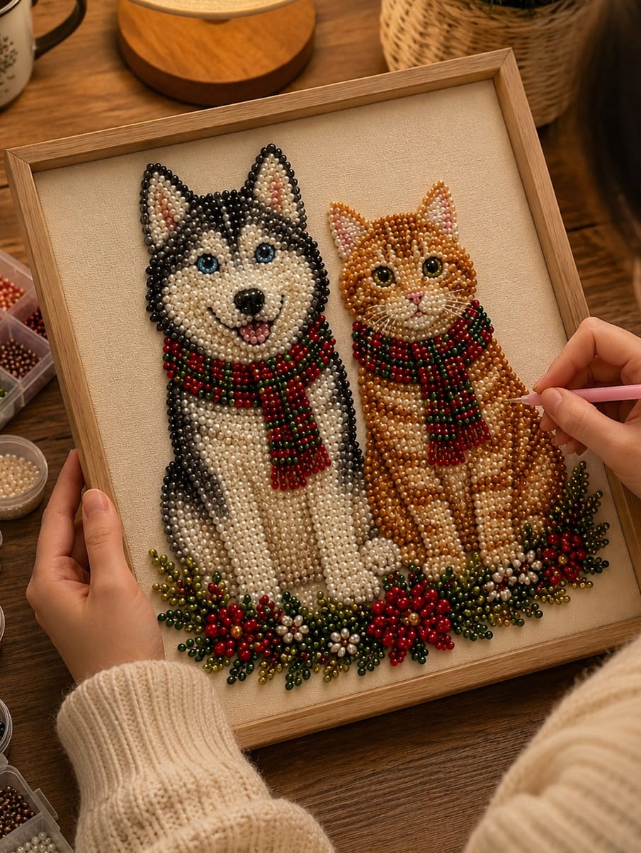 Customer photo review of Personalized 3D Pearl Art DIY Kit – Custom Pet Christmas Portrait with Festive Scarf, Handmade Holiday Wall Decor Gift for Pet Lovers