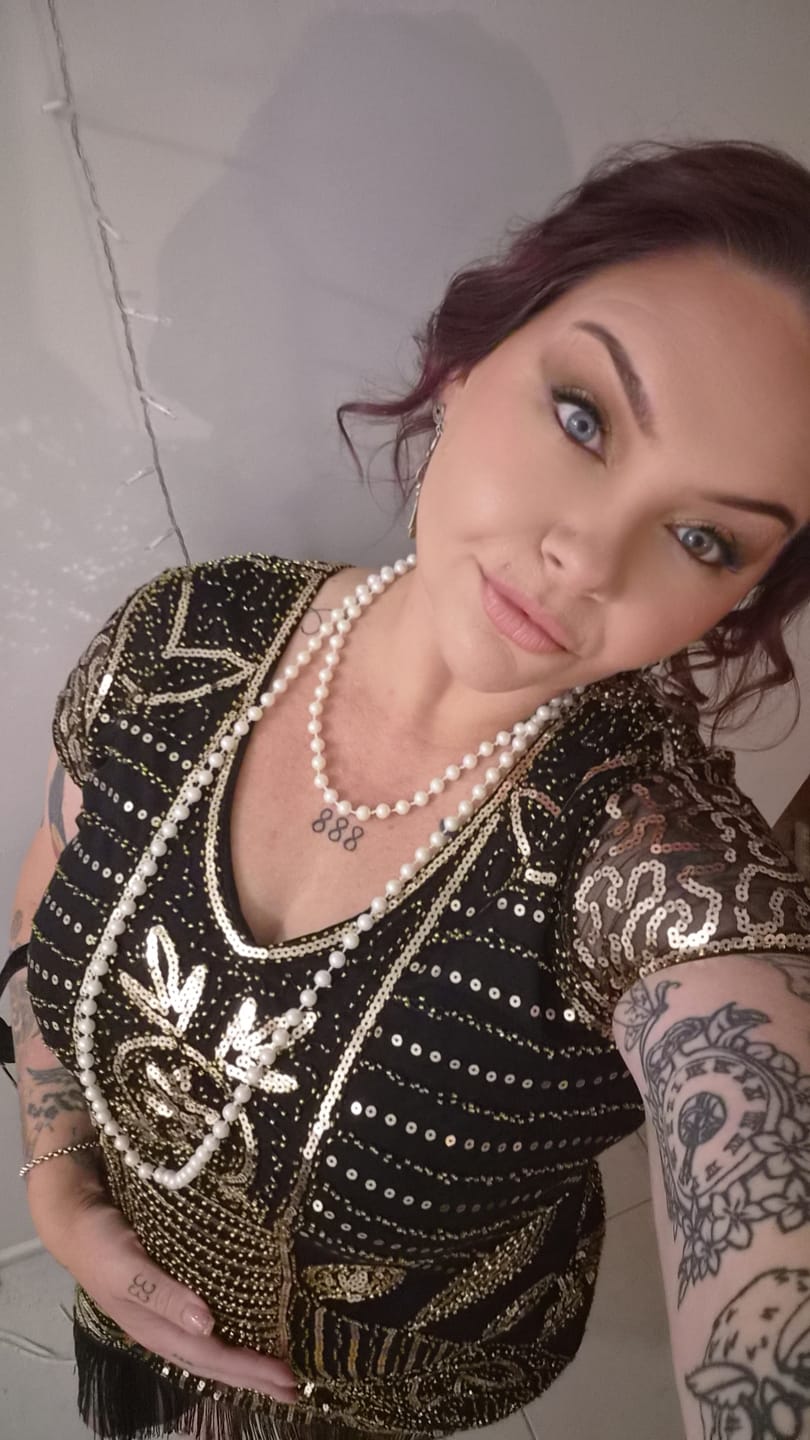 Customer photo review of 1920s Black & Gold Sequin Eva Gatsby Dress