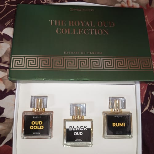 Customer's The Royal Oud Collection set with three glass perfume bottles in a dark green box.