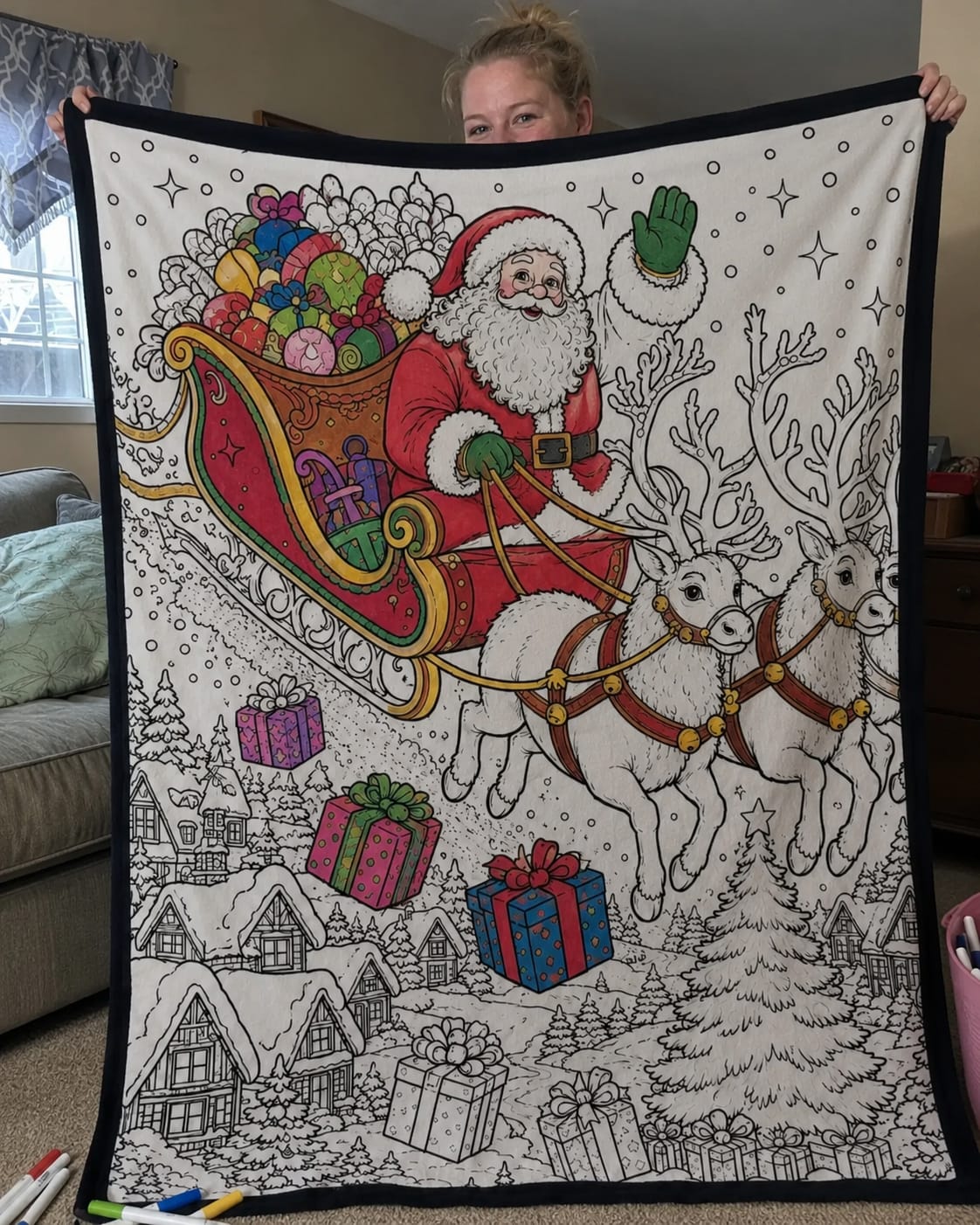 Customer photo review of DIY Drawing Blanket with 24 Colors Markers, Doodle Your Own Blankets, Customizable Washable Paint & Play Blankets for Adults