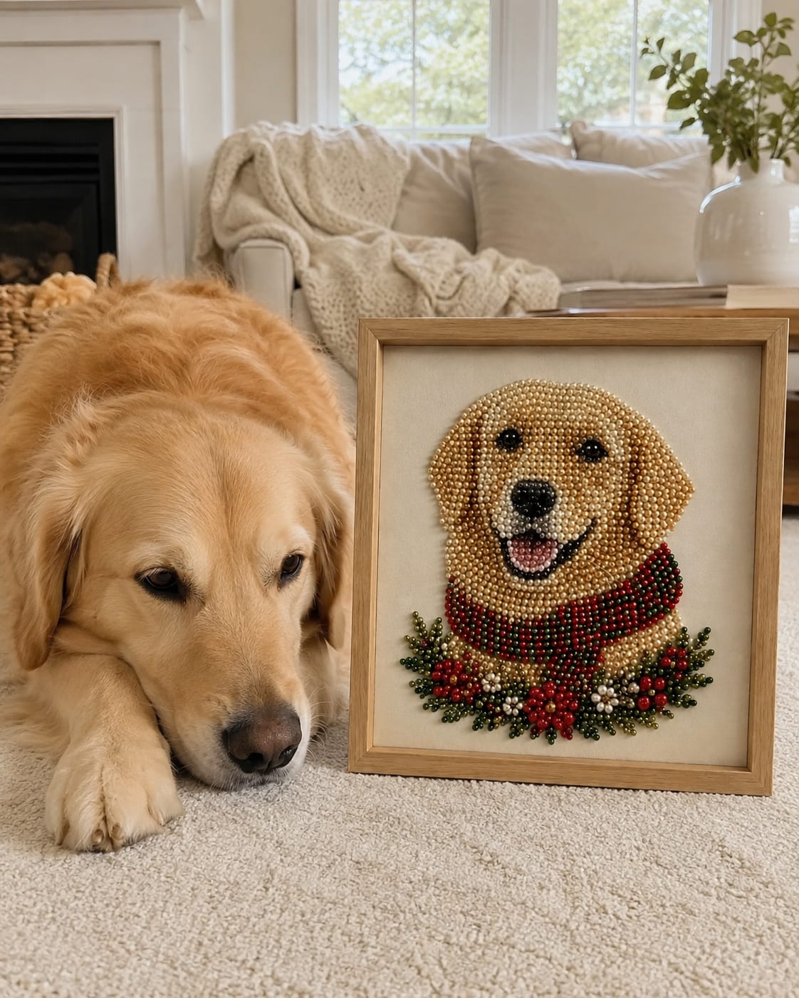 Customer photo review of Personalized 3D Pearl Art DIY Kit – Custom Pet Christmas Portrait with Festive Scarf, Handmade Holiday Wall Decor Gift for Pet Lovers