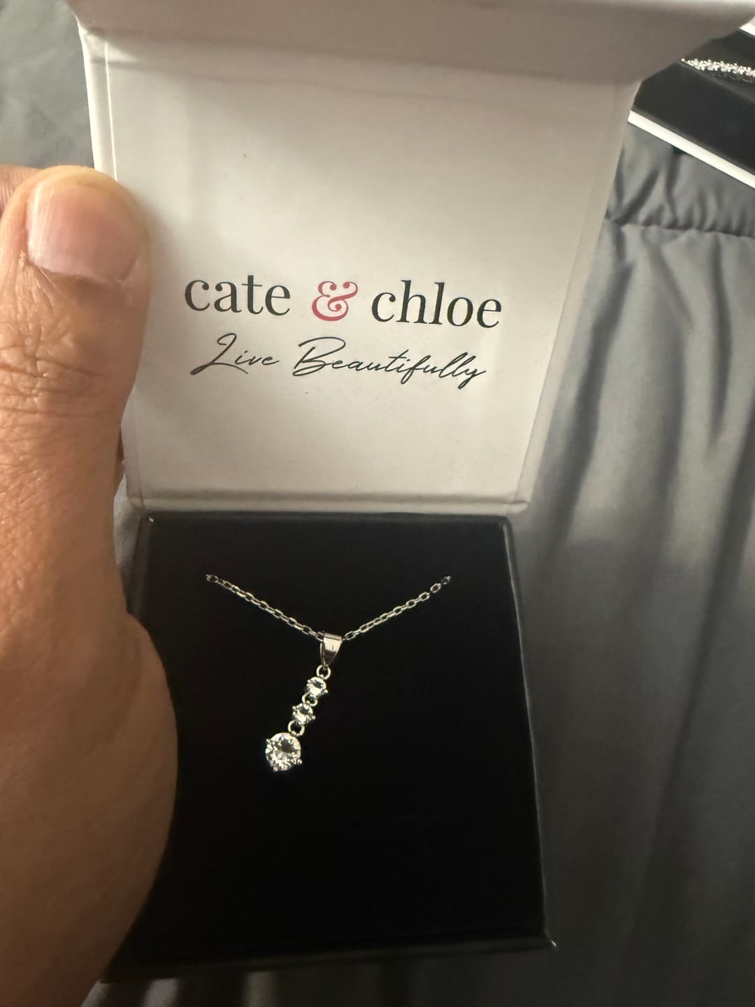 Customer photo review of Delilah 18k White Gold Plated Drop Pendant Necklace with Swarovski Crystals