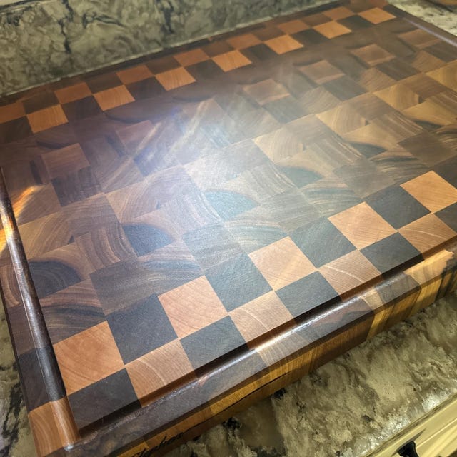 Customer photo review of Personalized Double-sided Walnut and Maple End Grain Cutting Board