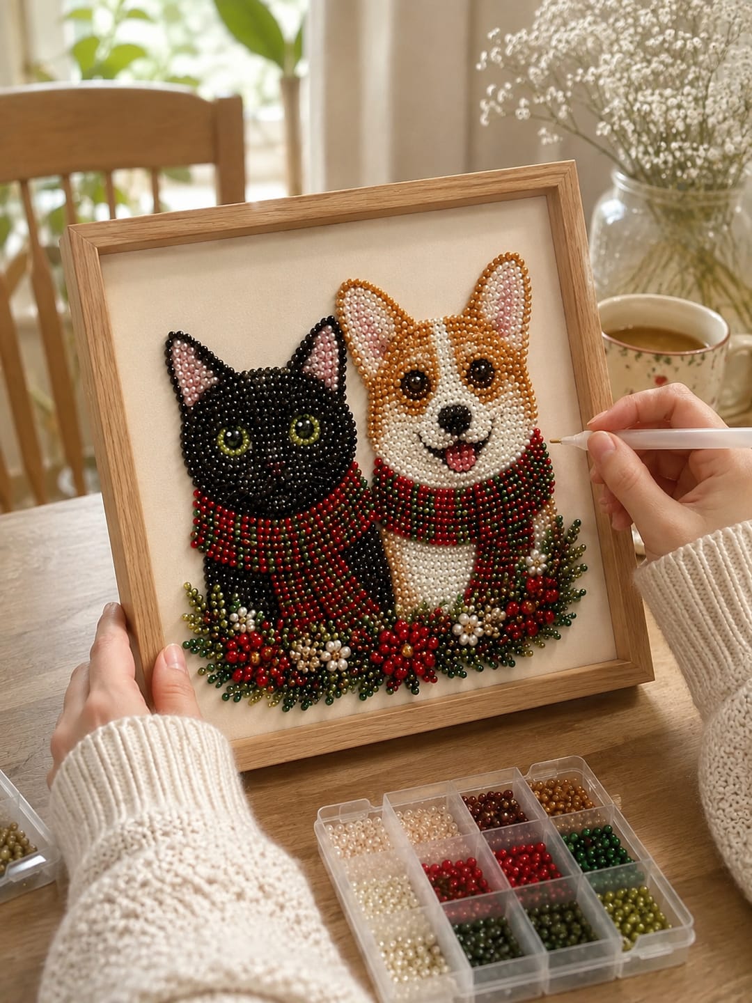 Customer photo review of Personalized 3D Pearl Art DIY Kit – Custom Pet Christmas Portrait with Festive Scarf, Handmade Holiday Wall Decor Gift for Pet Lovers