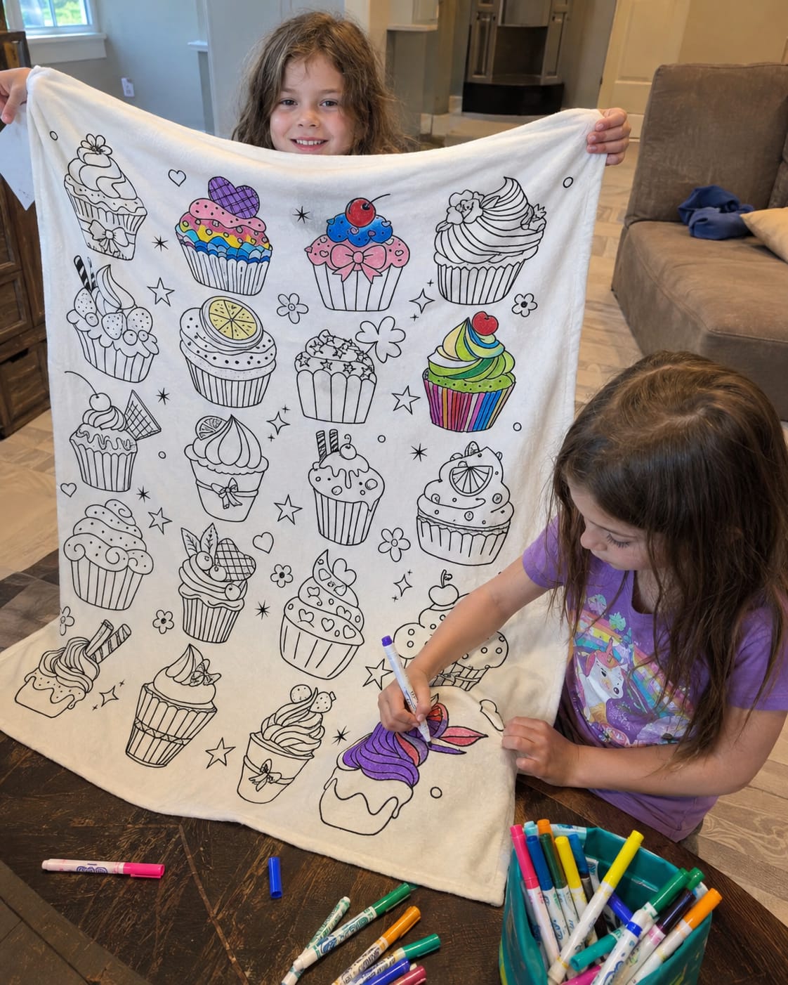 Customer photo review of DIY Drawing Blanket with 24 Colors Markers, Doodle Your Own Blankets, Customizable Washable Paint & Play Blankets for Adults