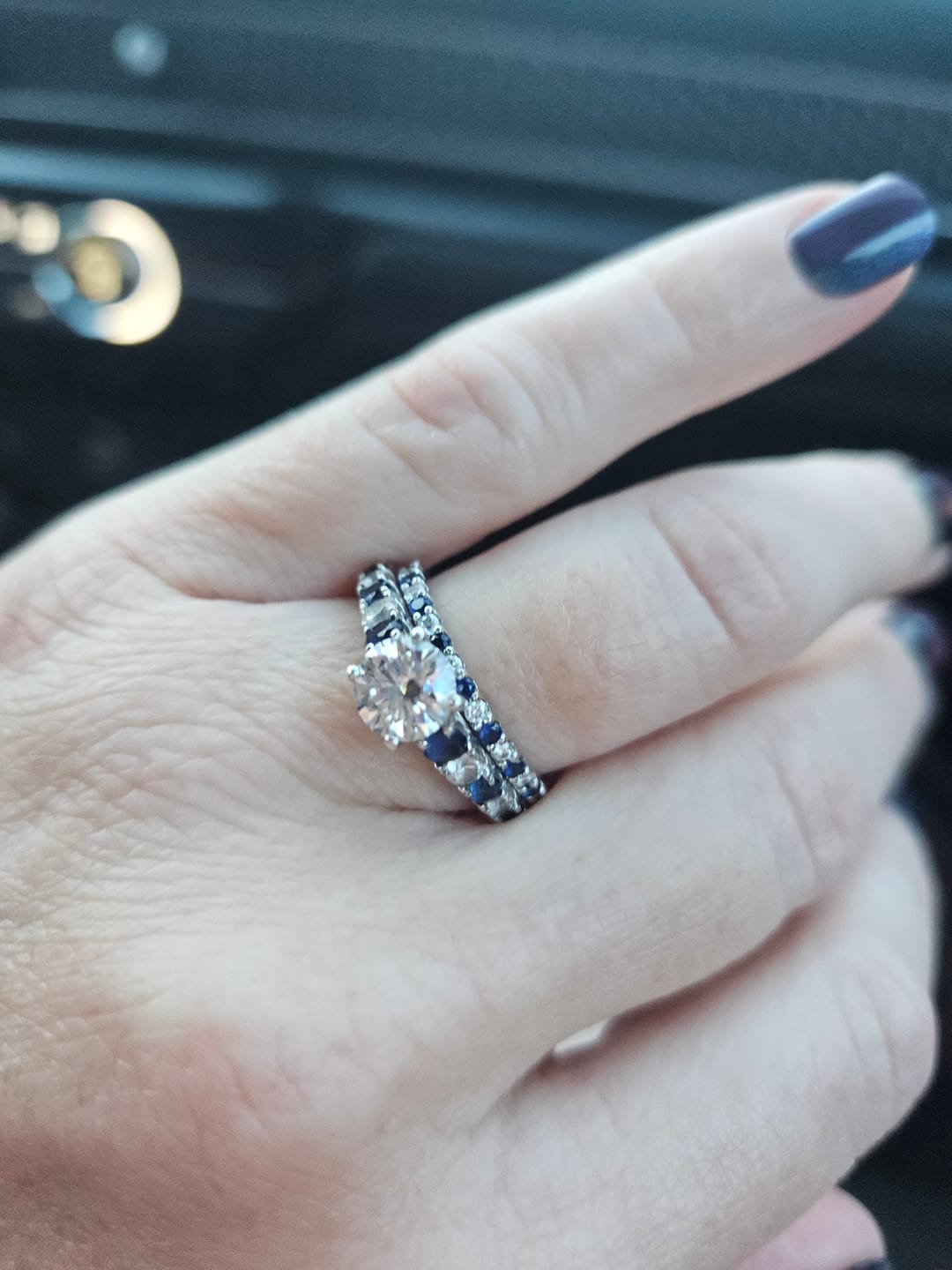 Customer photo review of Alternating Moissanite And Sapphire Eternity Wedding Band Ring