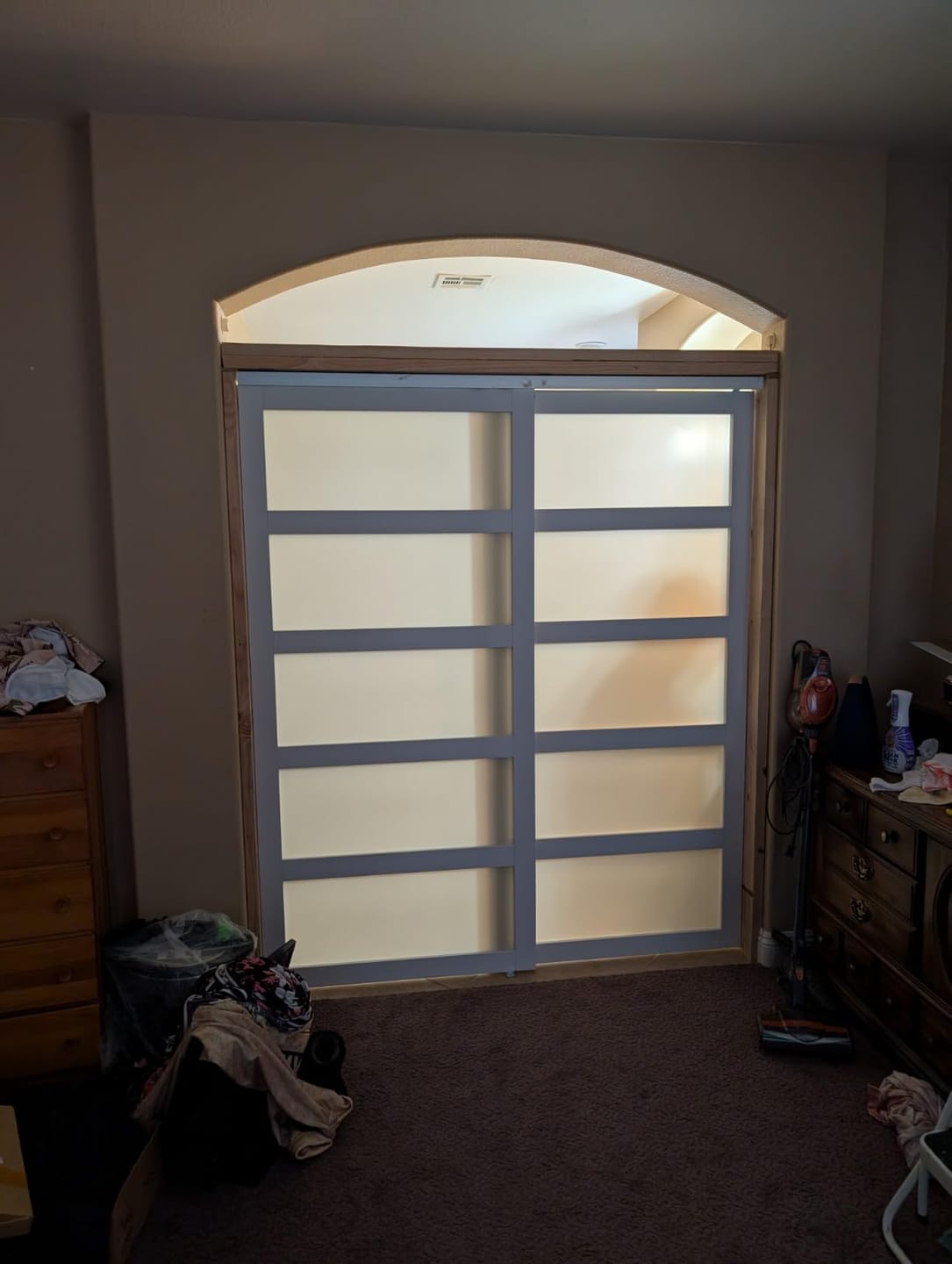 Customer photo review of TENONER White MDF 5-Lite Frosted Glass Single/Double Sliding Closet Door for Bedroom, Closet, and Living room - Easy Assembly