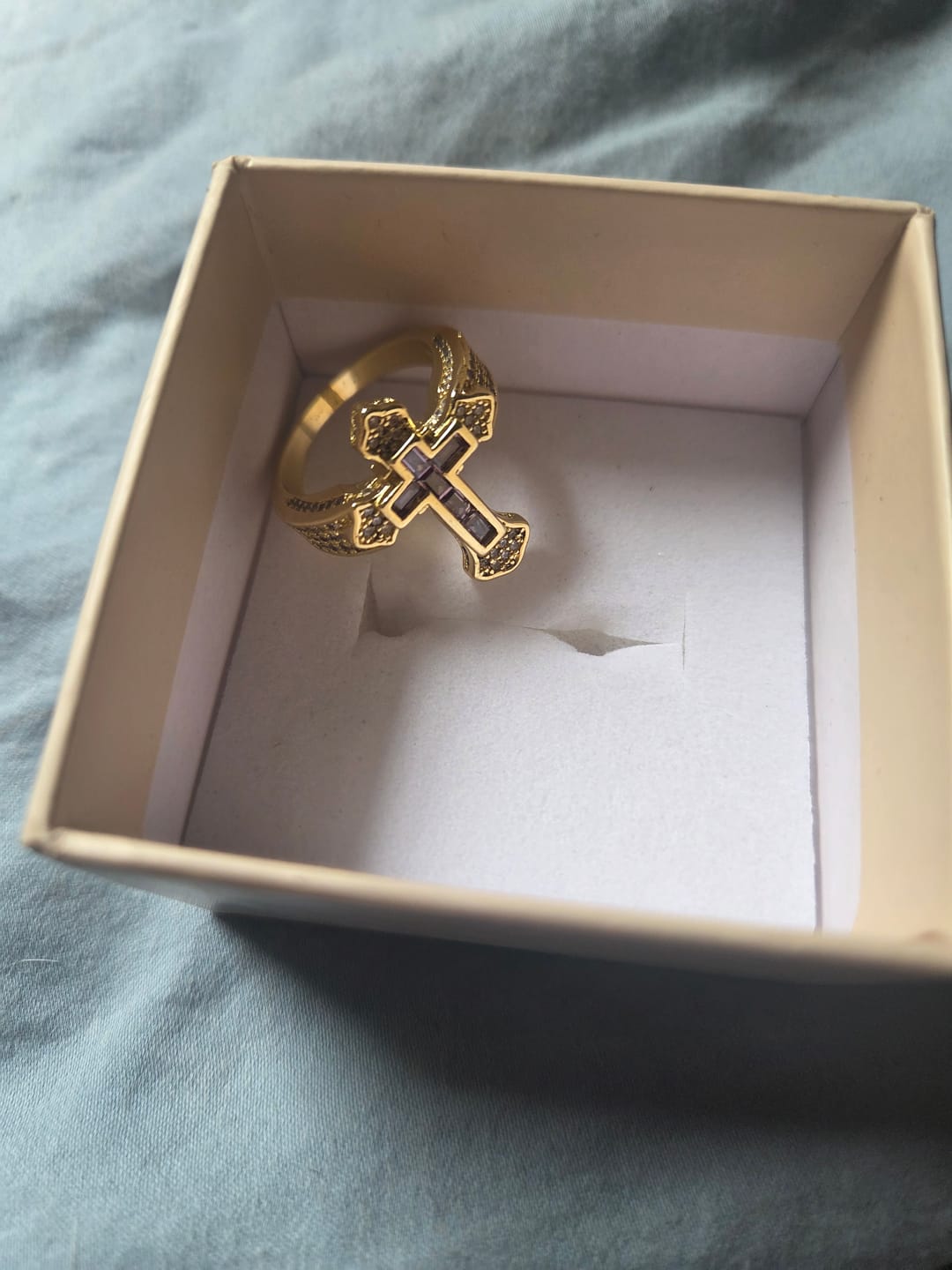 Customer photo review of Christianartworkshop Central Cross Motif Ring with Cubic Zirconia Accents: Carry His Care in Daily Wear