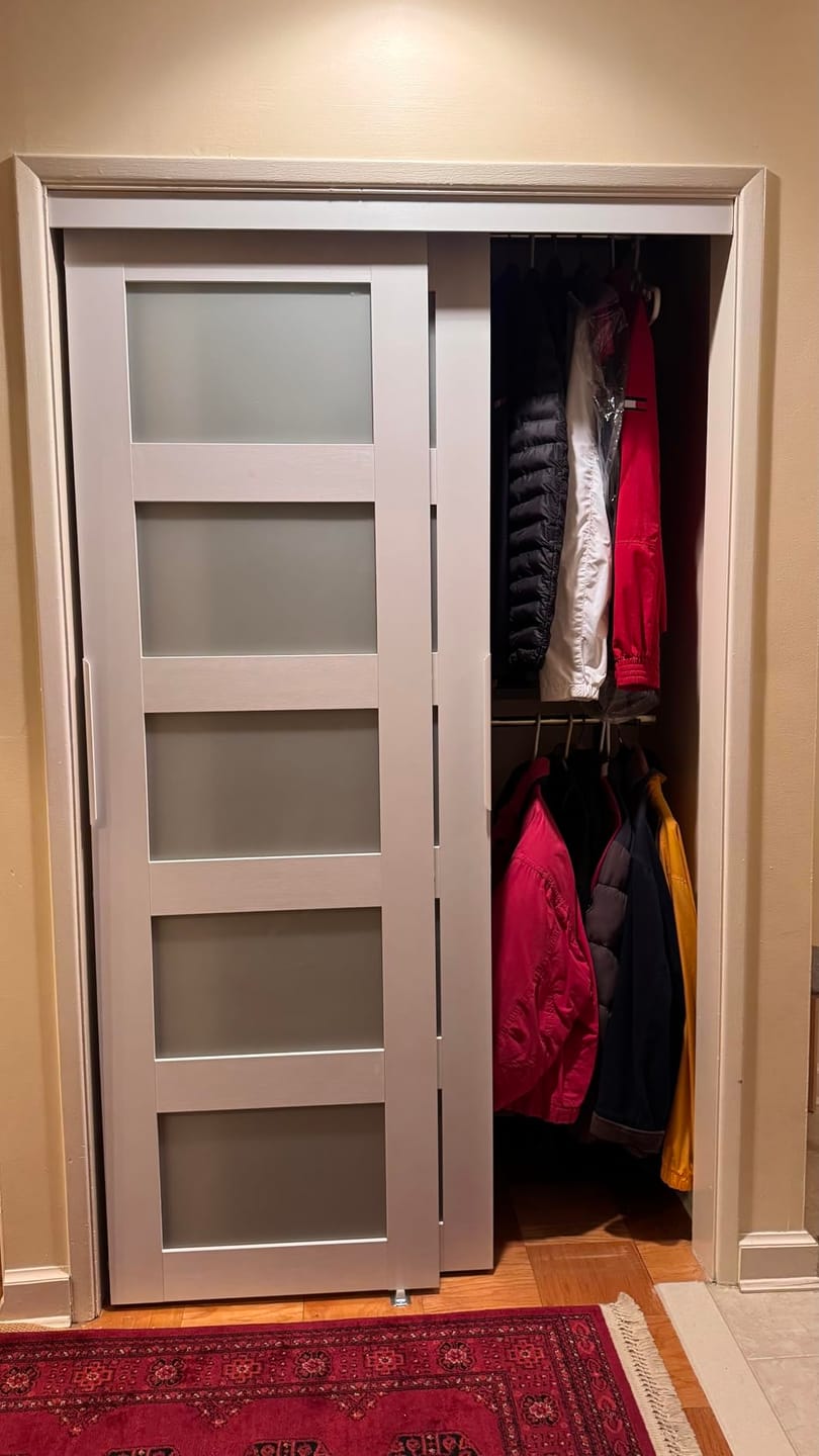 Customer photo review of TENONER White MDF 5-Lite Frosted Glass Single/Double Sliding Closet Door for Bedroom, Closet, and Living room - Easy Assembly