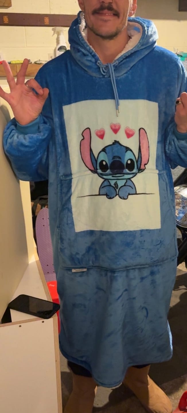 Customer photo review of EXTRA LONG ADULTS BLANKET HOODIE - BLUE STITCH LOVE