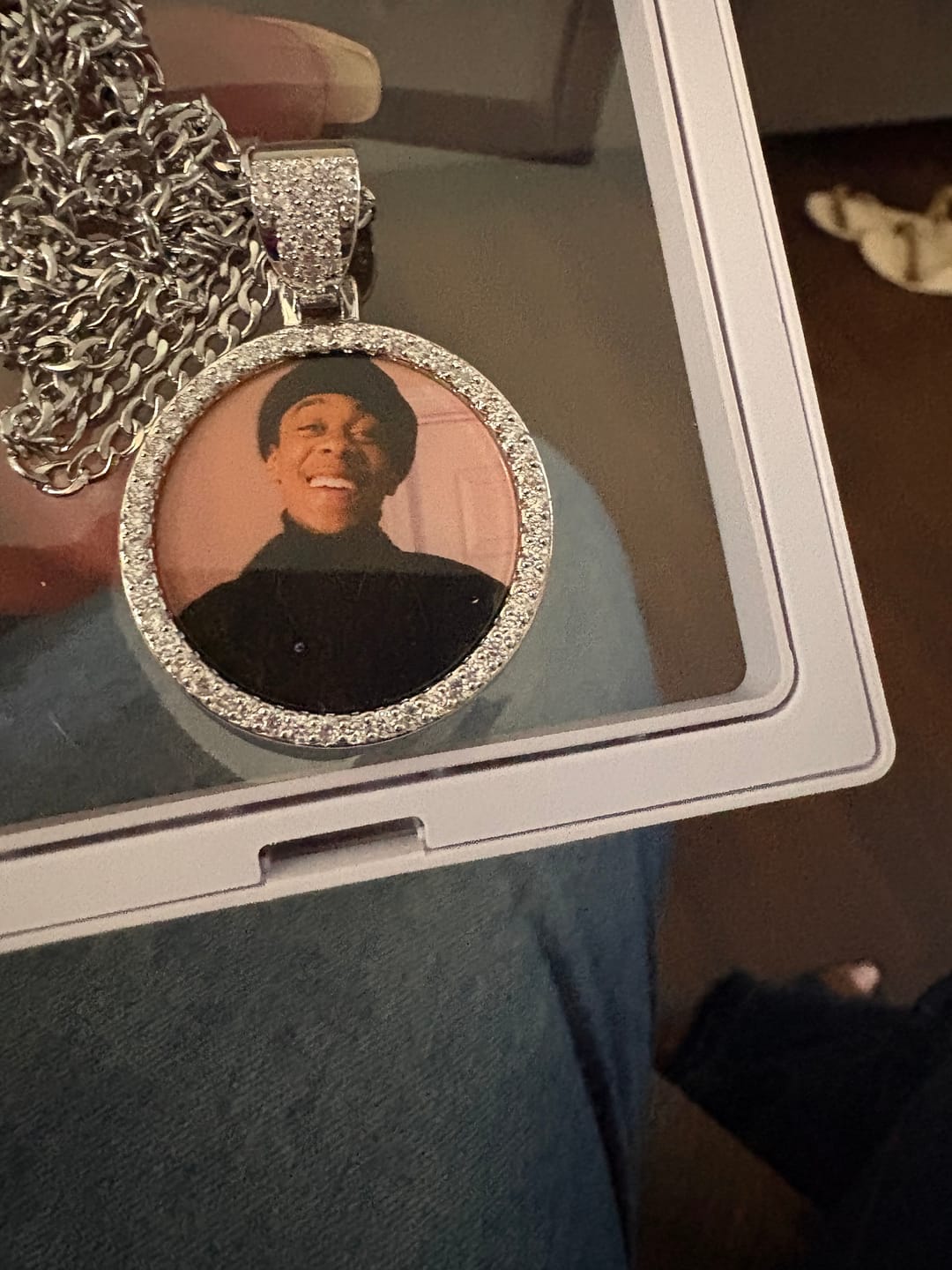 Customer photo review of Iced Circle Photo Pendant