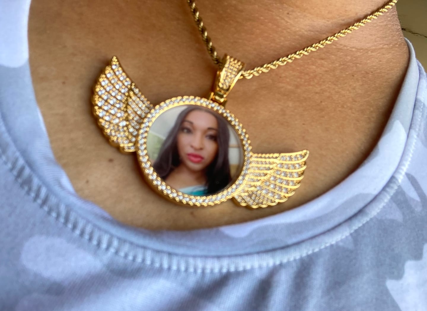 Customer photo review of Personalized Diamond Studded Colorful Rectangle Photo Necklace