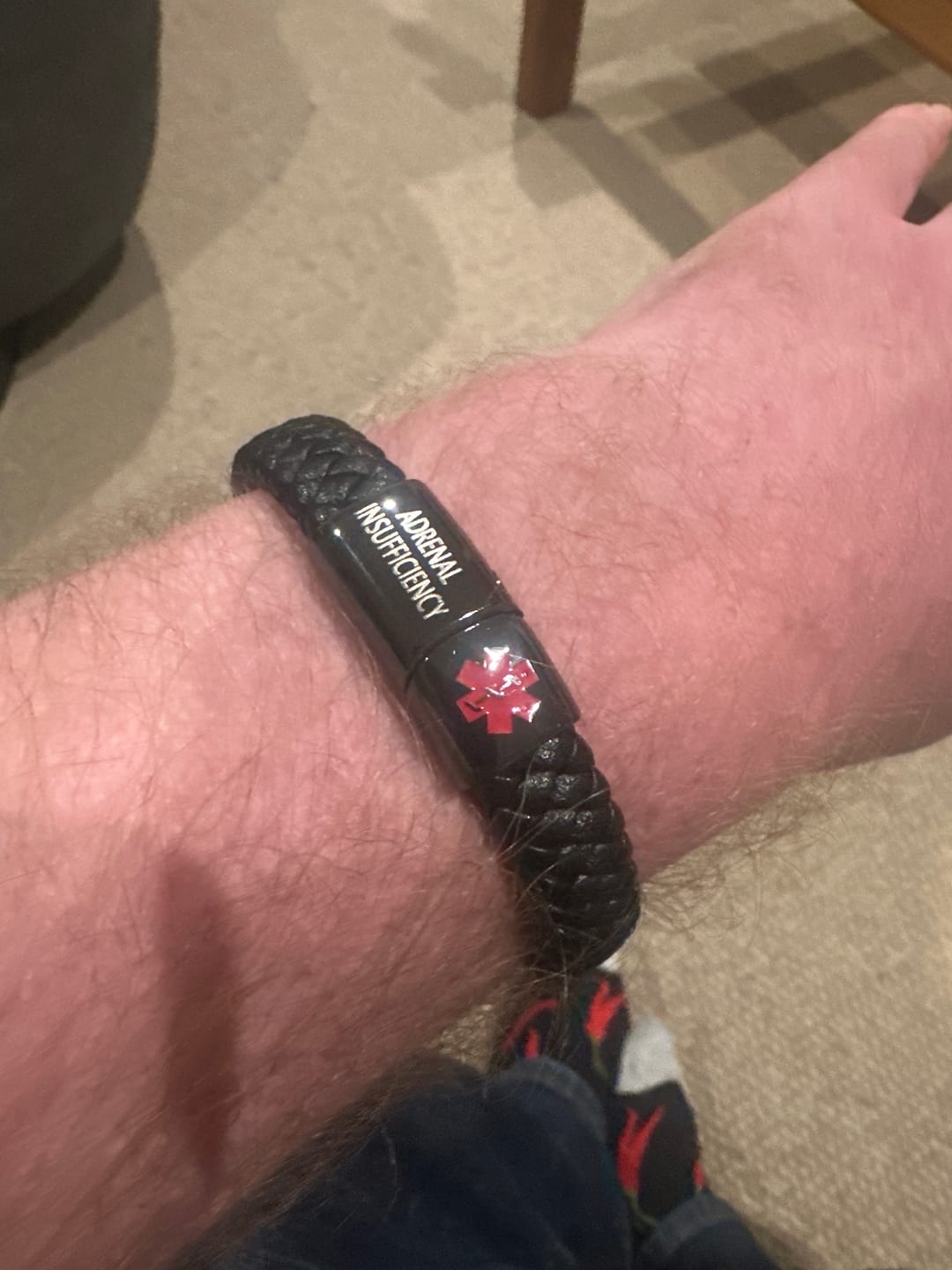 Customer photo review of Red-Alert Leather Medical ID Bracelet with Black Clasp
