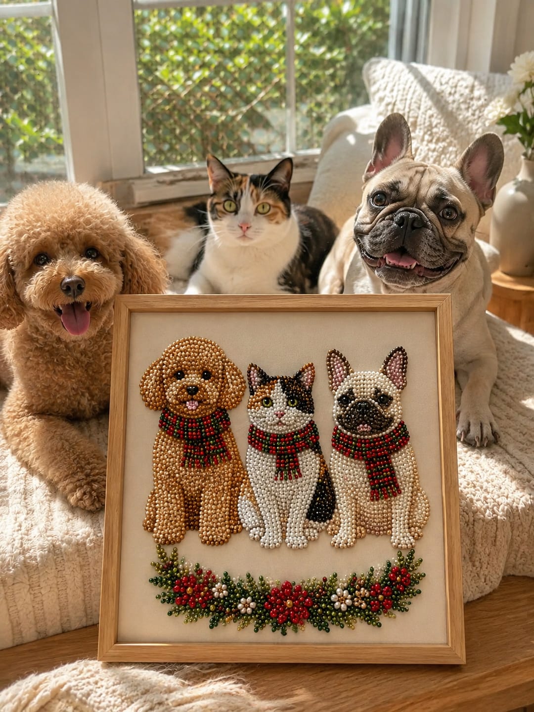 Customer photo review of Personalized 3D Pearl Art DIY Kit – Custom Pet Christmas Portrait with Festive Scarf, Handmade Holiday Wall Decor Gift for Pet Lovers