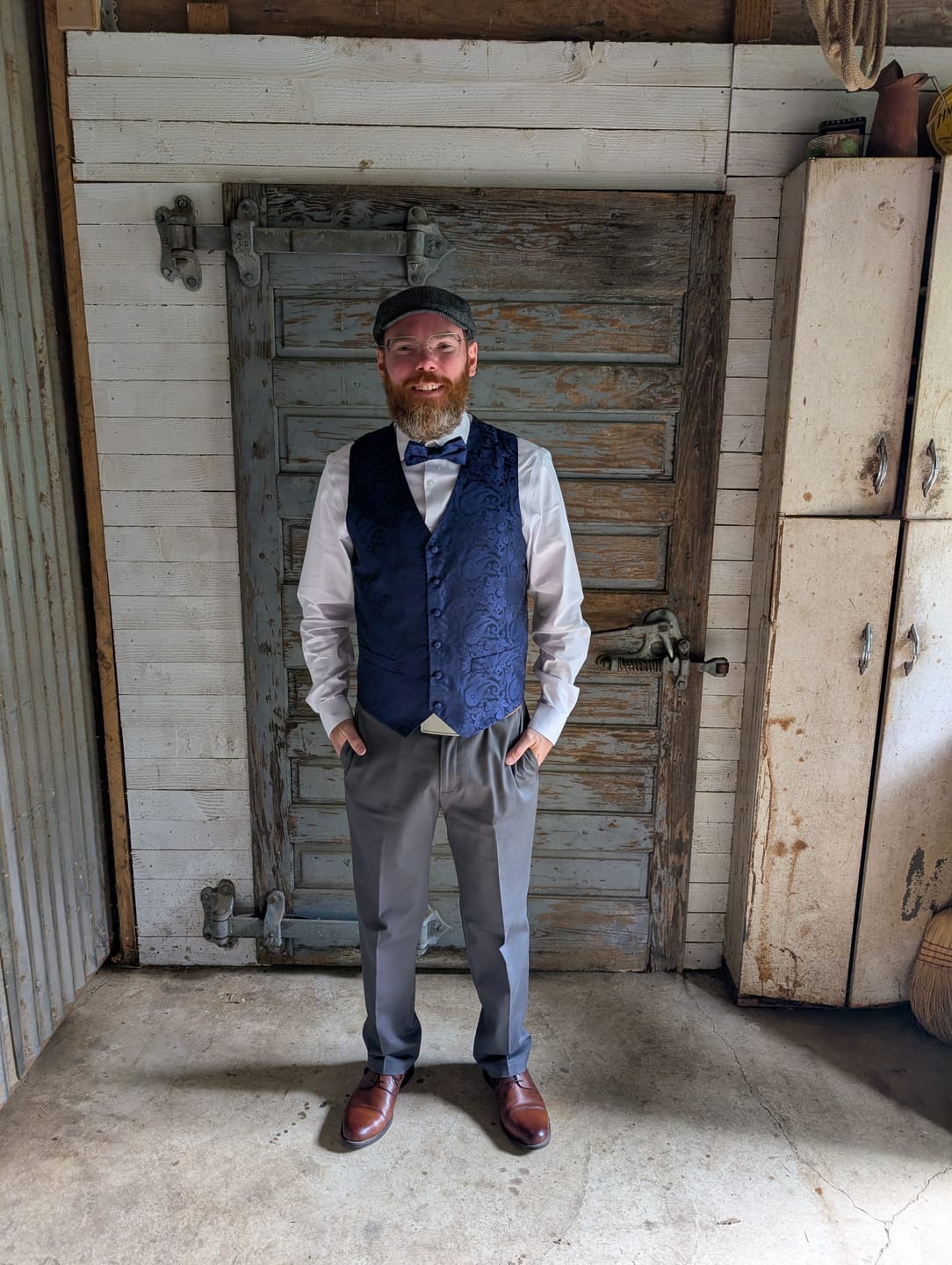Customer photo review of Barry. Wang Mens Navy Blue Vest Paisley Suit 4PCS Vest Bowtie Hanky Cufflinks Set for Prom