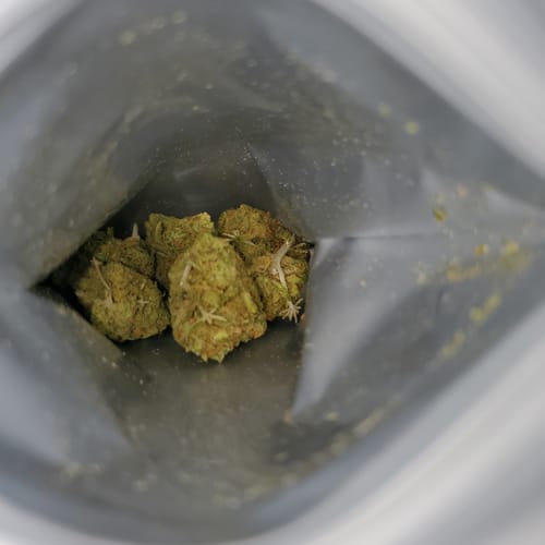 Customer's Blue Dream flower buds inside a silver open pouch.