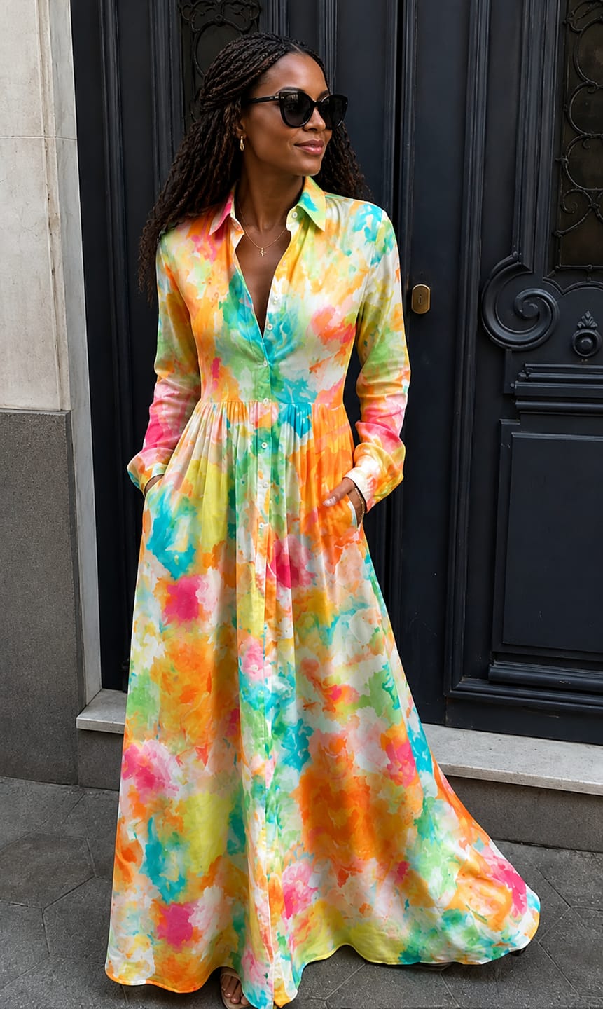 Customer photo review of Long Sleeves Buttoned Contrast Color Pleated Pockets Printed Lapel Maxi Dresses Shirt Dress