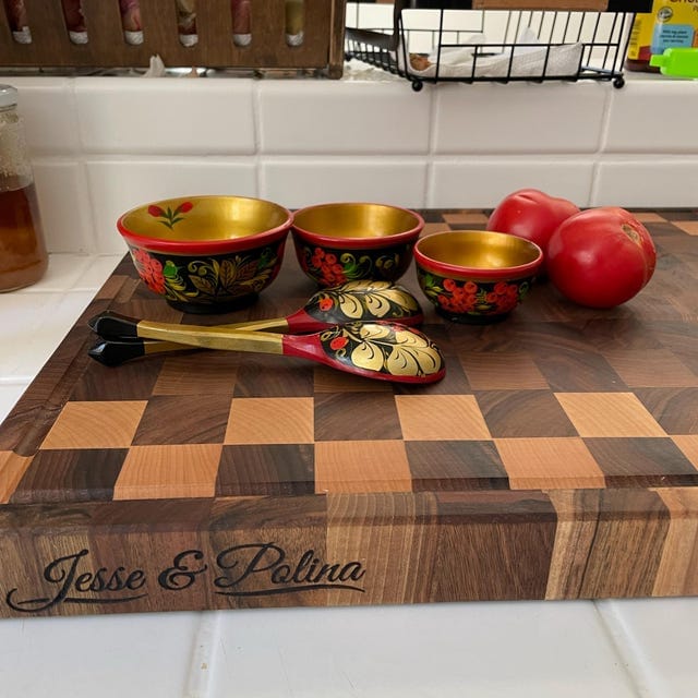 Customer photo review of Personalized Double-sided Walnut and Maple End Grain Cutting Board