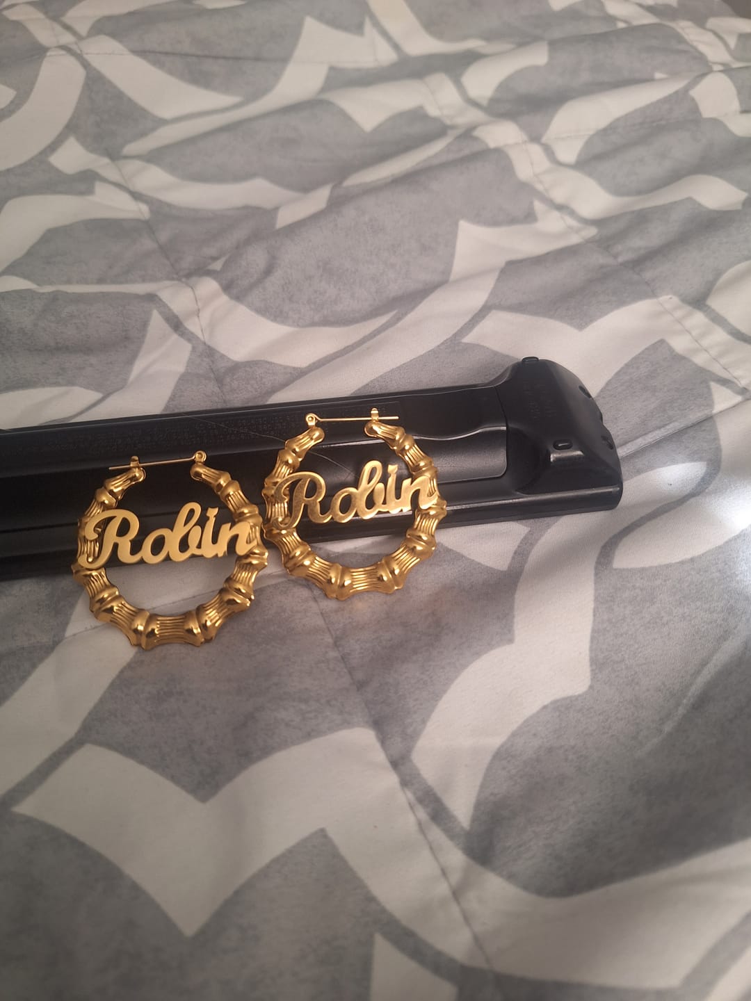 Customer photo review of Bamboo Name Hoop Earrings