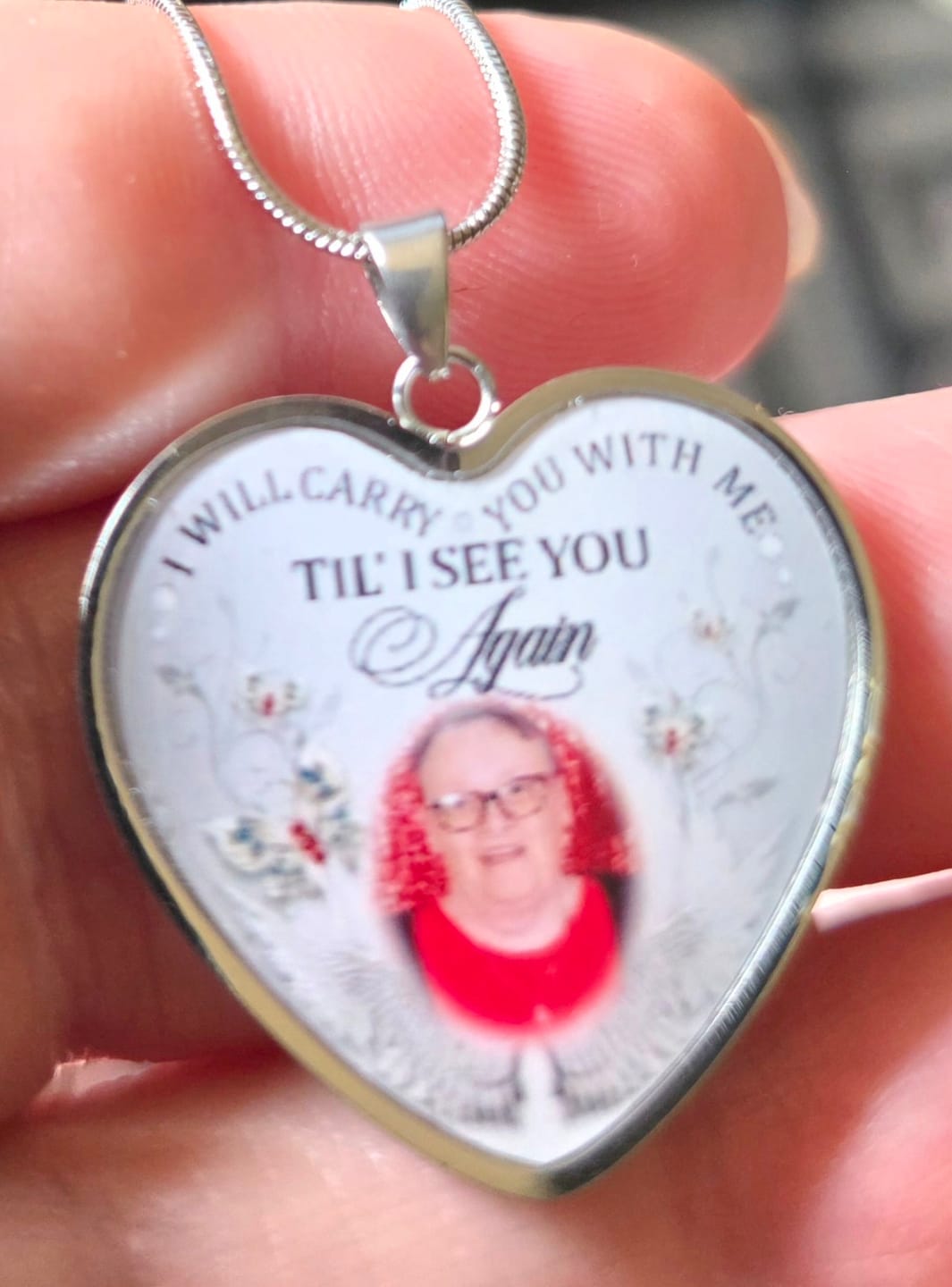 Customer photo review of Custom Photo Memorial Necklace/Keychain "I Will Carry You With Me” - N001