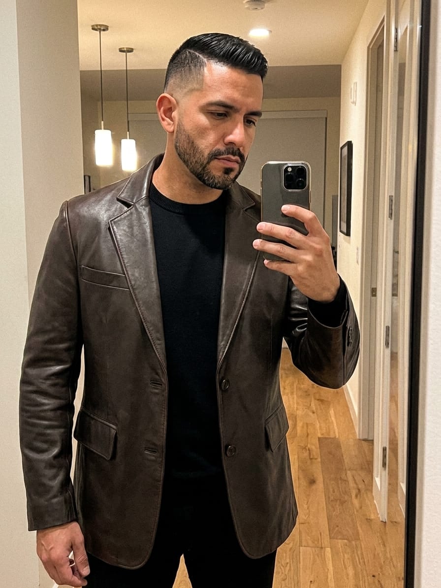 Customer photo review of Men's Rub-Off Brown Leather Blazer