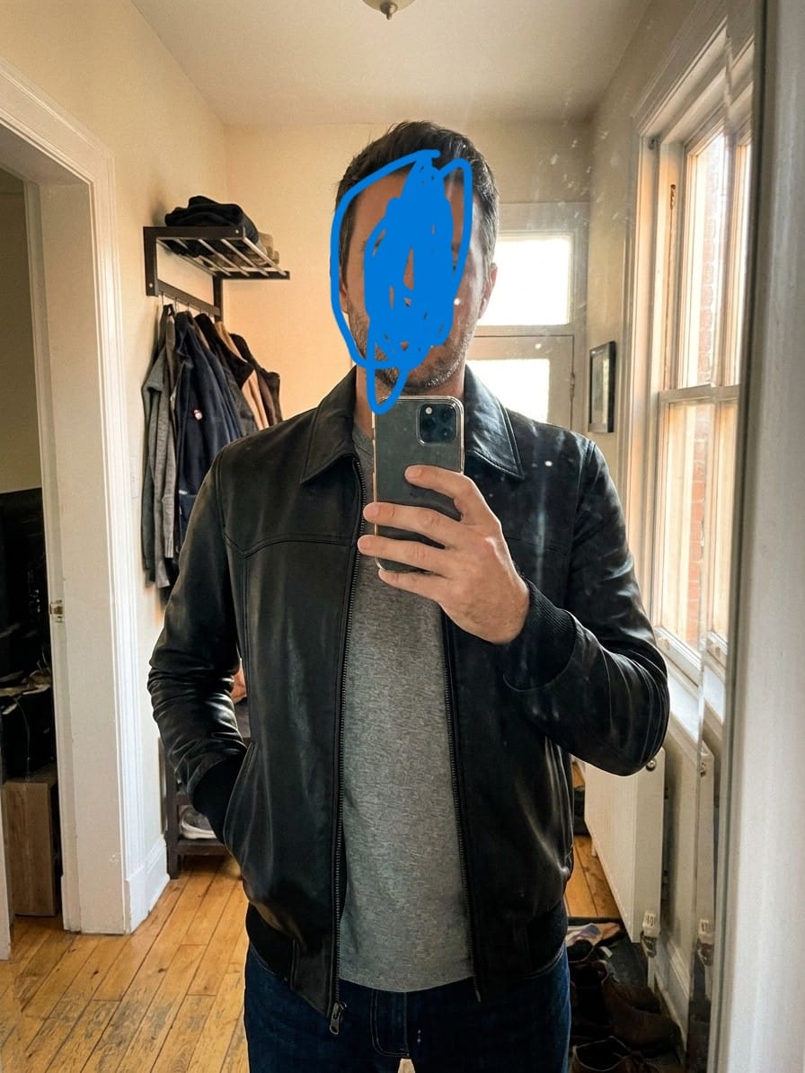 Customer photo review of Mens Shirt Collar Black Bomber Leather Jacket