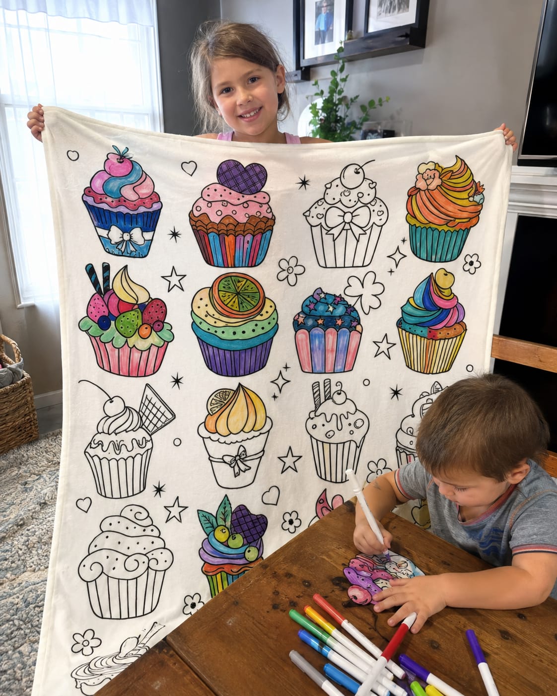 Customer photo review of DIY Drawing Blanket with 24 Colors Markers, Doodle Your Own Blankets, Customizable Washable Paint & Play Blankets for Adults