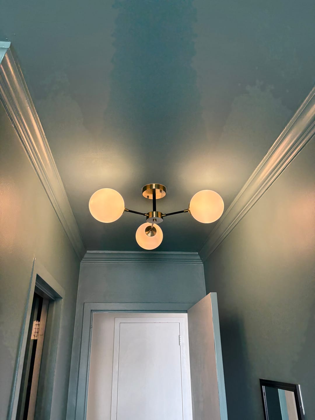 Customer photo review of Brass Black 3-Light Frosted Glass Globe Semi Flush Mount