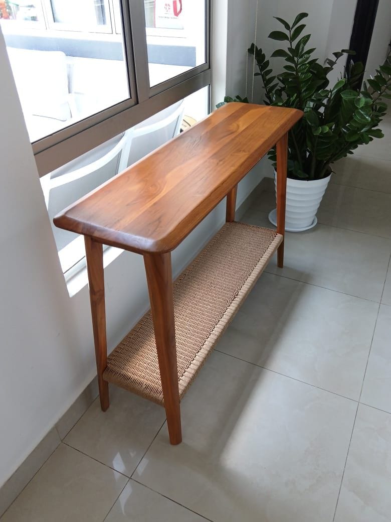 Customer photo review of Teak Console Table with Handwoven Loom Shelf