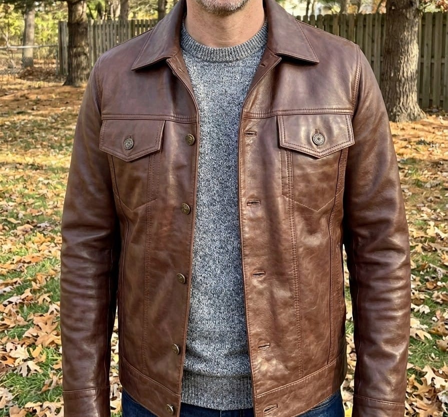Customer photo review of Fernando Men's Cognac Wax Leather Trucker Jacket