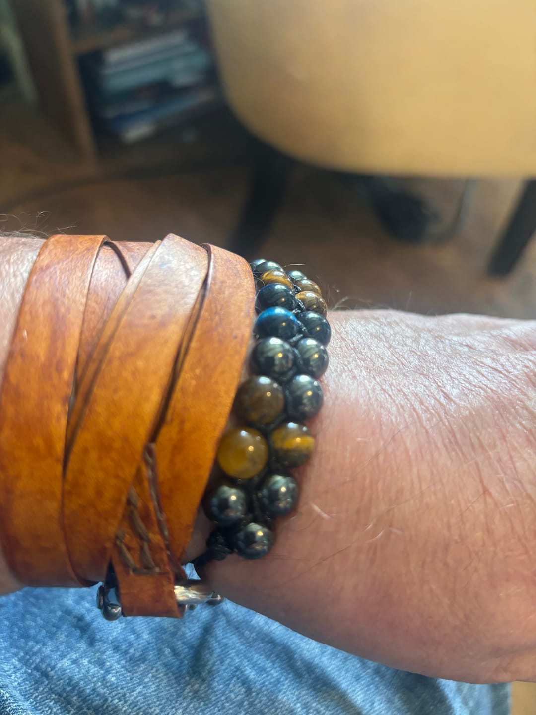 Customer photo review of Buddha Stones Natural Blue Tiger Eye Black Magnetite Om Pattern Double Row Beads Strength Bracelet