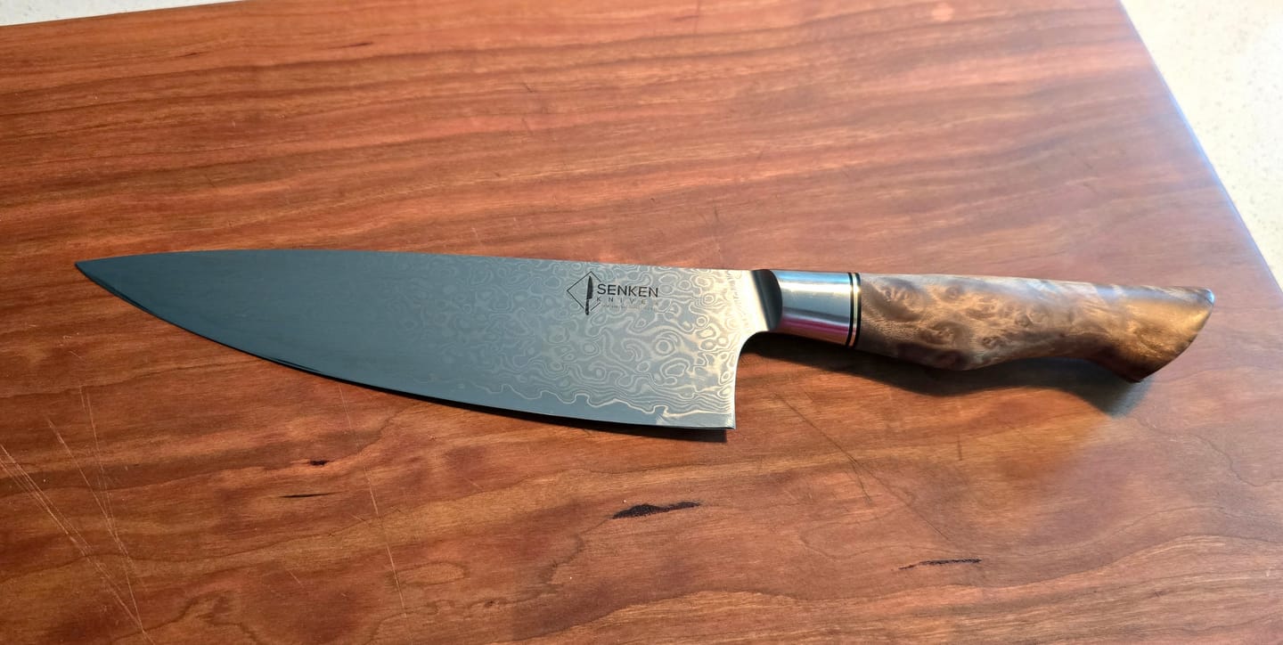Customer photo review of Dynasty 8" Chef's Knife — Japanese VG10 Damascus Steel with Sycamore Wood Handle
