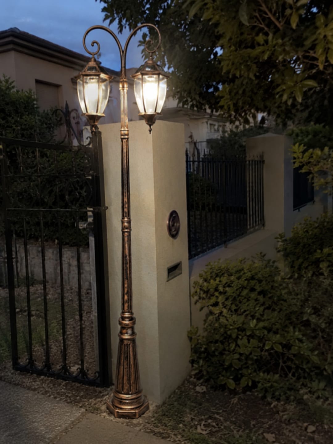 Customer photo review of Victorian Double Head Solar Coach Post Light – Antique Bronze Hexagonal Clear Glass Lantern