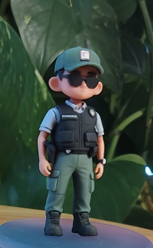 Customer's DoDoWish personalized police officer figurine standing on a blue base with a green plant in the background.