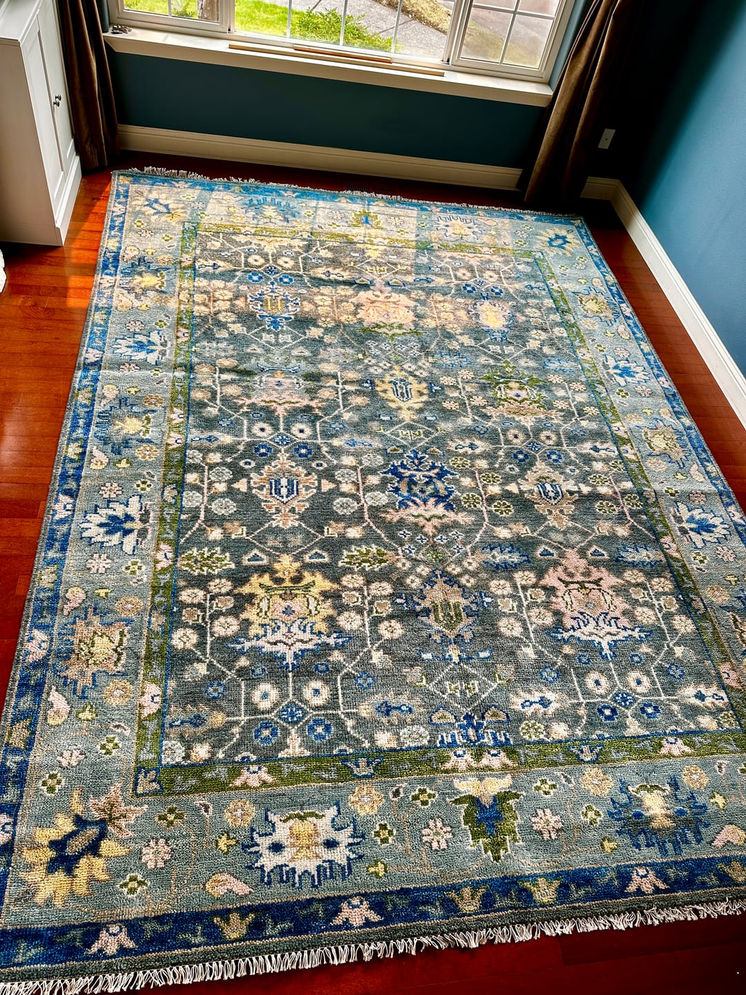 Customer photo review of Antique Design Hand Knotted Charcoal, Green Moss and Blue Oushak Custom Made Rug