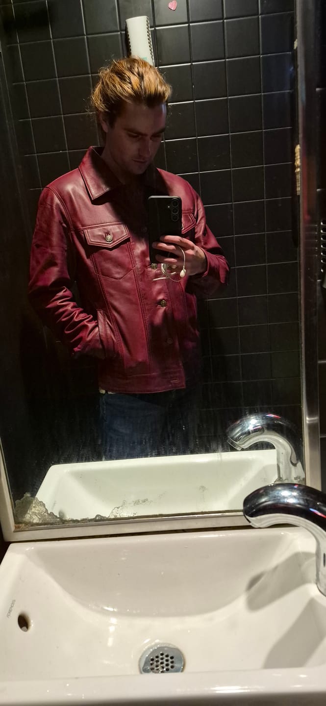 Customer photo review of Men's Real Lambskin Leather Burgundy Trucker Jacket