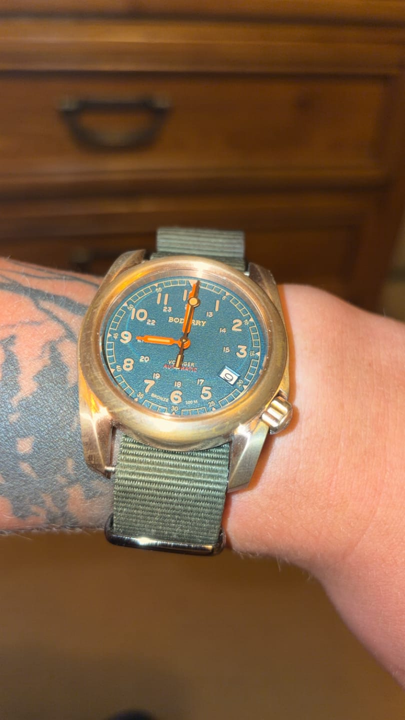 Customer photo review of VOYAGER - 100M Waterproof Bronze Automatic Field Watch | Sandstone Green