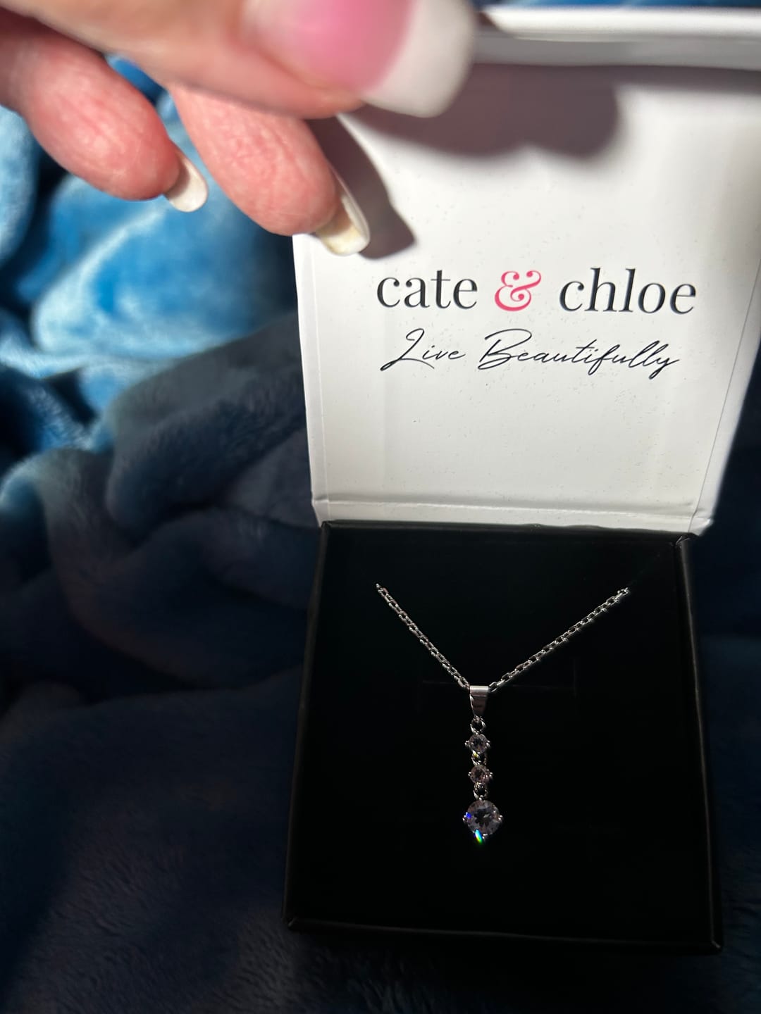 Customer photo review of Delilah 18k White Gold Plated Drop Pendant Necklace with Swarovski Crystals