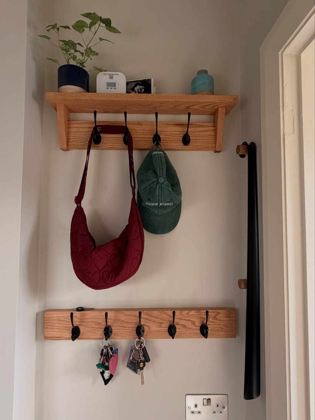 Customer photo review of Solid Oak Coat Rack With Storage Shelf