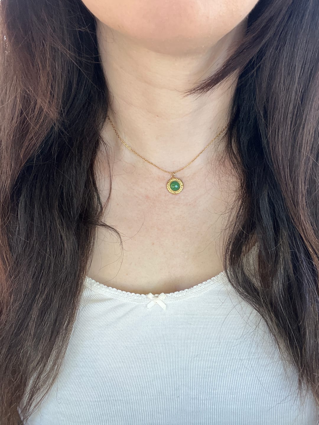 Customer photo review of Green Aventurine Coin Necklace